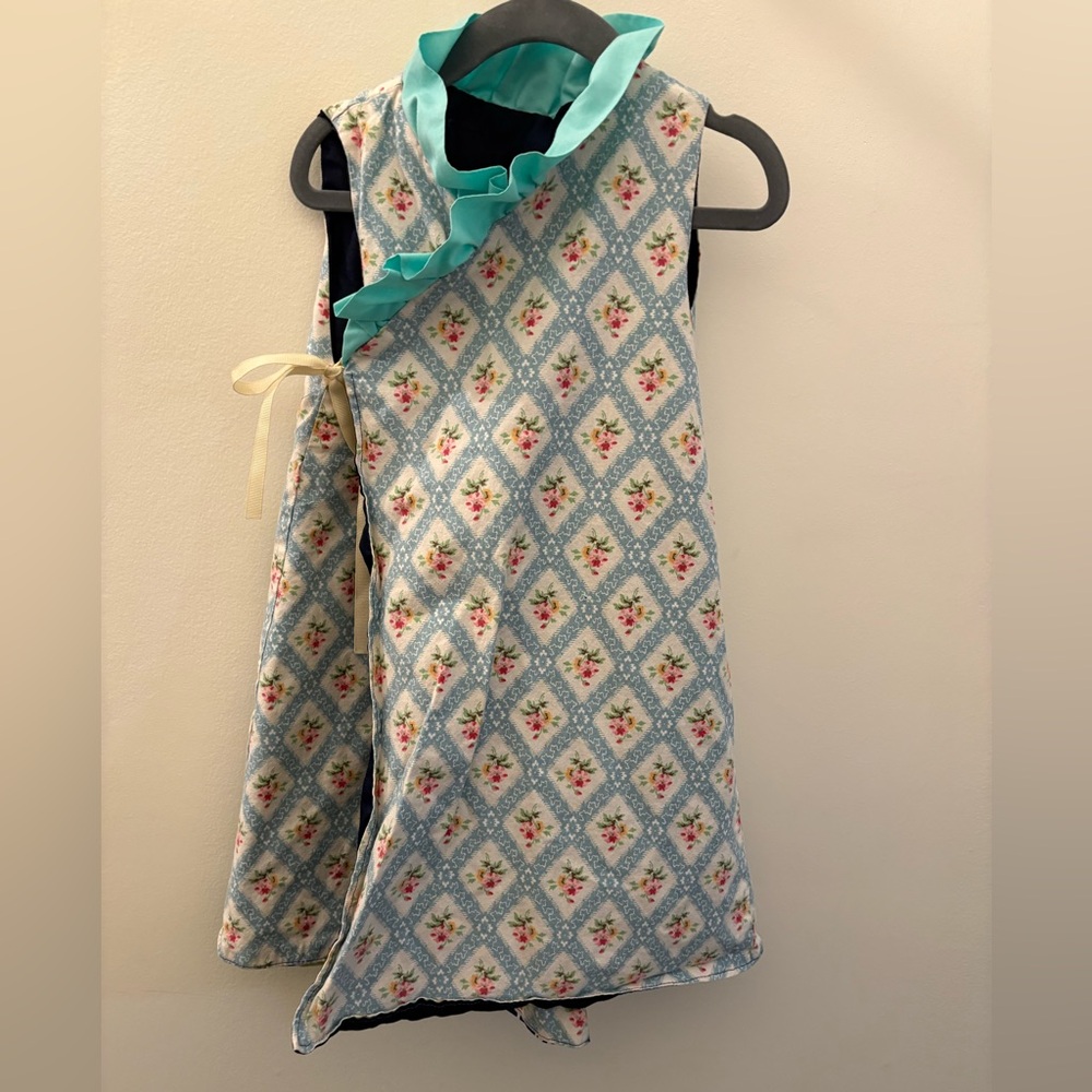 Kimono Girls Dress Navy Aqua Ruffle Vibrant Floral Reversible Adjustable Size 5 - Picture 7 of 8